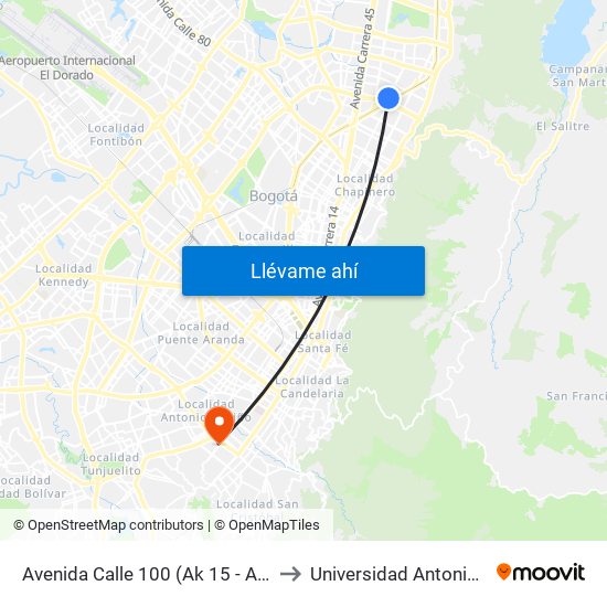 Avenida Calle 100 (Ak 15 - Ac 100) (A) to Universidad Antonio Nariño map