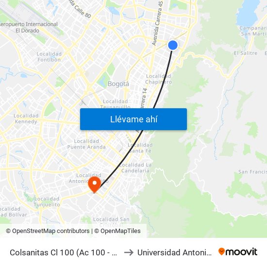 Colsanitas Cl 100 (Ac 100 - Kr 11b) (A) to Universidad Antonio Nariño map