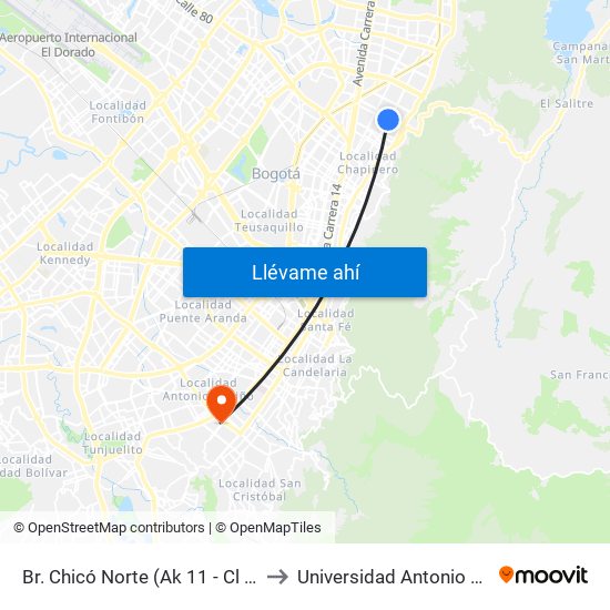 Br. Chicó Norte (Ak 11 - Cl 90) (A) to Universidad Antonio Nariño map
