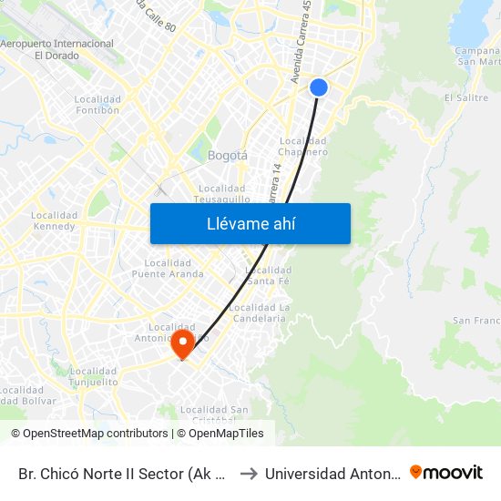 Br. Chicó Norte II Sector (Ak 15 - Cl 95) (A) to Universidad Antonio Nariño map