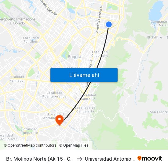 Br. Molinos Norte (Ak 15 - Cl 106) (A) to Universidad Antonio Nariño map