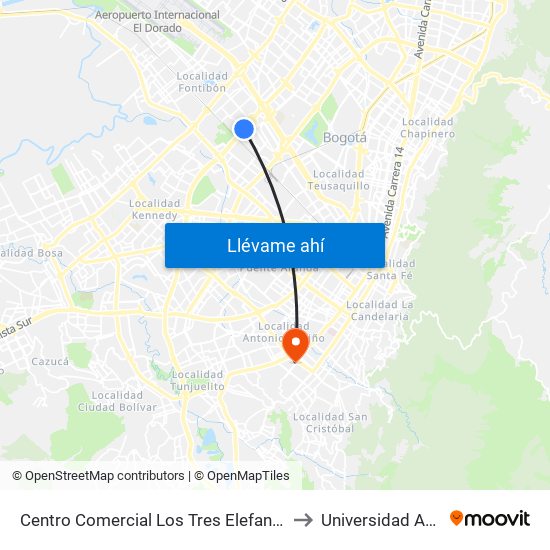 Centro Comercial Los Tres Elefantes (Av. Boyacá - Cl 23) (A) to Universidad Antonio Nariño map