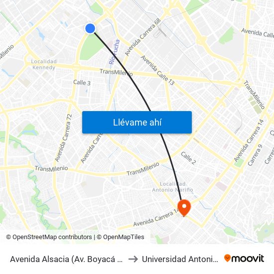 Avenida Alsacia (Av. Boyacá - Ac 12) (A) to Universidad Antonio Nariño map