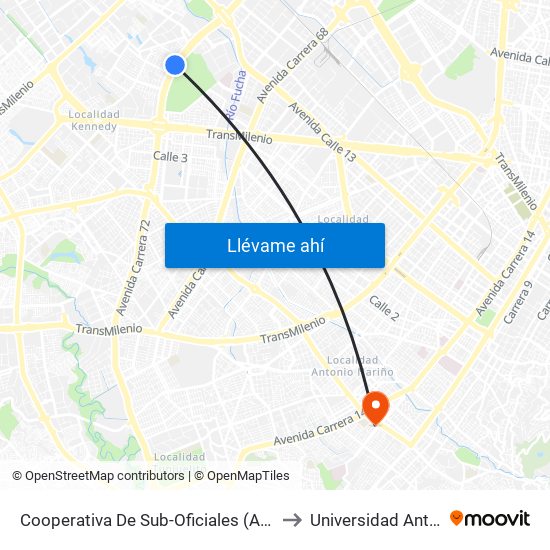 Cooperativa De Sub-Oficiales (Av. Boyacá - Cl 10) (A) to Universidad Antonio Nariño map