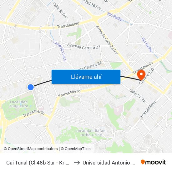 Cai Tunal (Cl 48b Sur - Kr 24) (A) to Universidad Antonio Nariño map