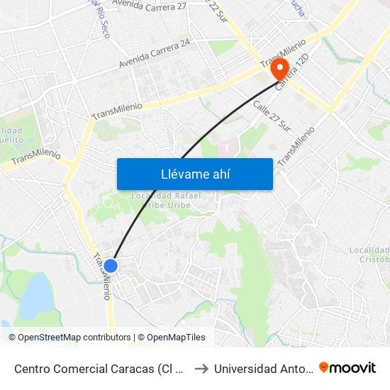 Centro Comercial Caracas (Cl 50a Sur - Kr 9) (A) to Universidad Antonio Nariño map