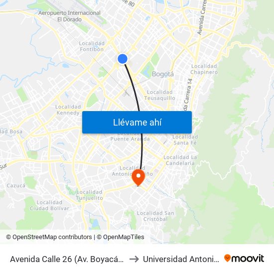 Avenida Calle 26 (Av. Boyacá - Ac 26) (A) to Universidad Antonio Nariño map
