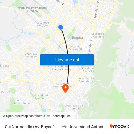 Cai Normandía (Av. Boyacá - Cl 52) (A) to Universidad Antonio Nariño map