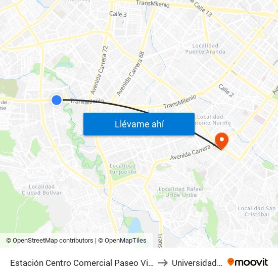 Estación Centro Comercial Paseo Villa Del Río - Madelena (Auto Sur - Kr 66a) to Universidad Antonio Nariño map
