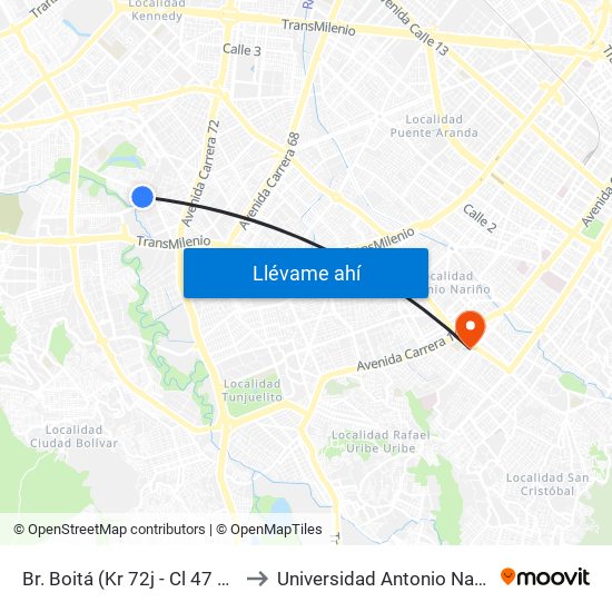 Br. Boitá (Kr 72j - Cl 47 Sur) to Universidad Antonio Nariño map