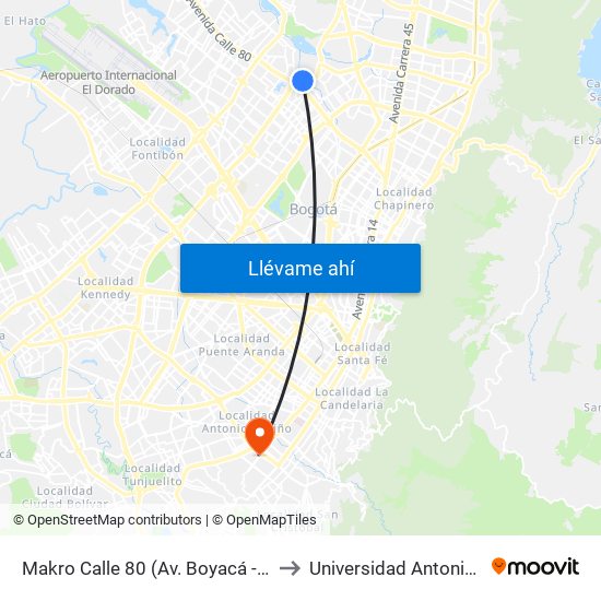 Makro Calle 80 (Av. Boyacá - Ac 80) (A) to Universidad Antonio Nariño map