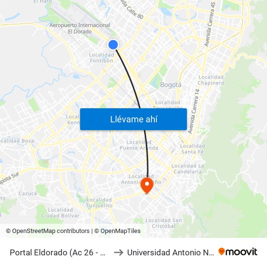 Portal Eldorado (Ac 26 - Ak 96) to Universidad Antonio Nariño map