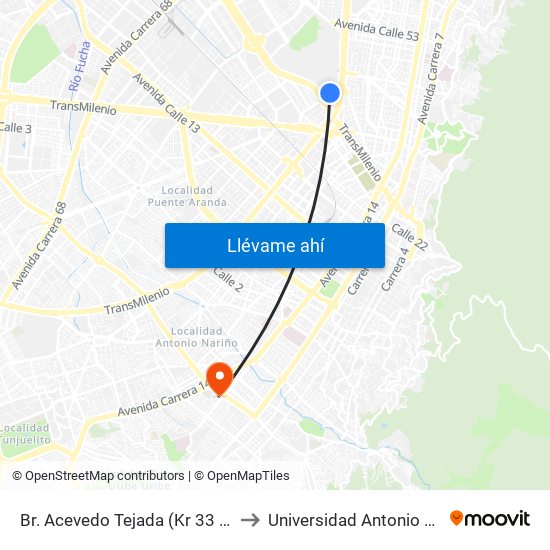 Br. Acevedo Tejada (Kr 33 - Cl 28) to Universidad Antonio Nariño map