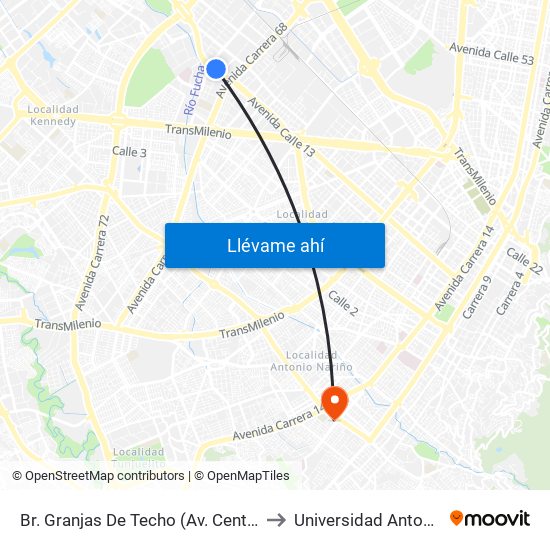 Br. Granjas De Techo (Av. Centenario - Kr 65) to Universidad Antonio Nariño map