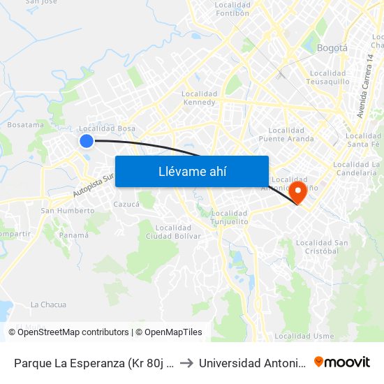 Parque La Esperanza (Kr 80j - Cl 75 Sur) to Universidad Antonio Nariño map