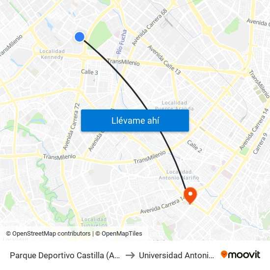 Parque Deportivo Castilla (Ac 8 - Kr 73) to Universidad Antonio Nariño map