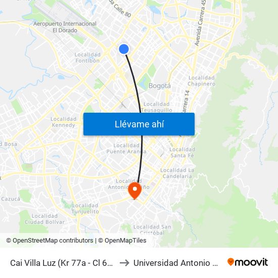 Cai Villa Luz (Kr 77a - Cl 63f Bis) to Universidad Antonio Nariño map