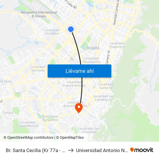 Br. Santa Cecilia (Kr 77a - Cl 55) to Universidad Antonio Nariño map