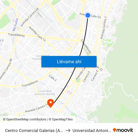 Centro Comercial Galerías (Ac 53 - Ak 24) to Universidad Antonio Nariño map