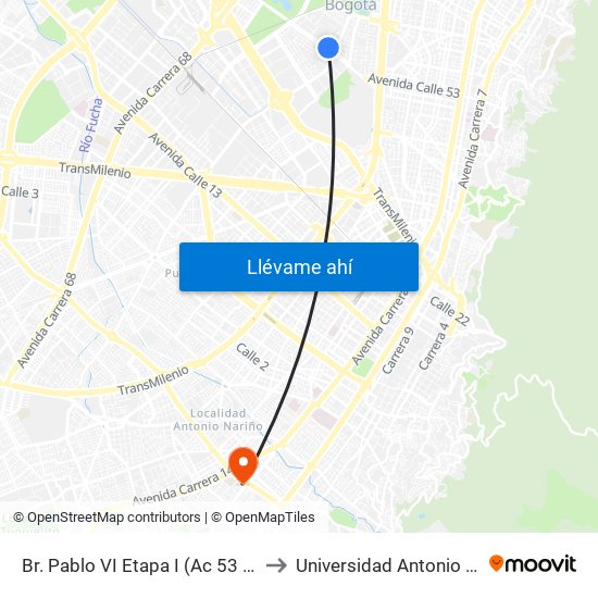 Br. Pablo VI Etapa I (Ac 53 - Ak 50) to Universidad Antonio Nariño map