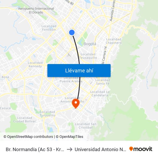 Br. Normandía (Ac 53 - Kr 70d) to Universidad Antonio Nariño map