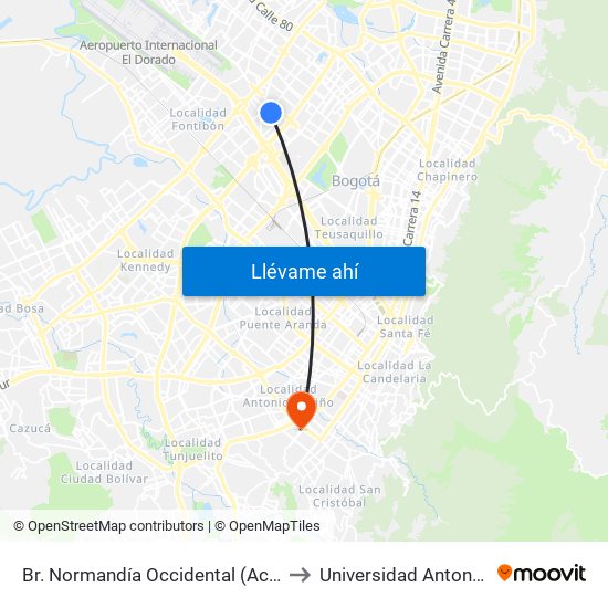 Br. Normandía Occidental (Ac 53 - Kr 77a) to Universidad Antonio Nariño map