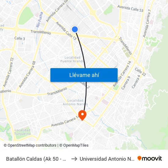 Batallón Caldas (Ak 50 - Ac 17) to Universidad Antonio Nariño map