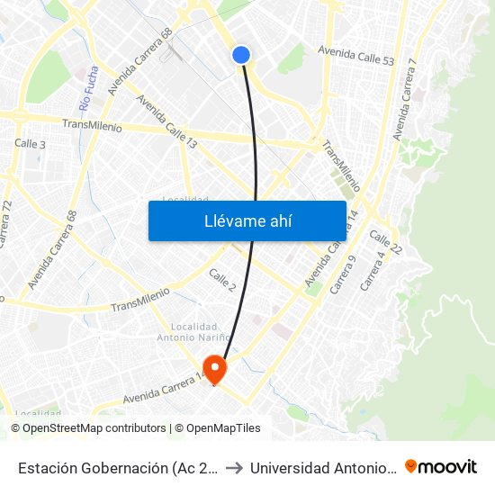 Estación Gobernación (Ac 26 - Kr 54) to Universidad Antonio Nariño map