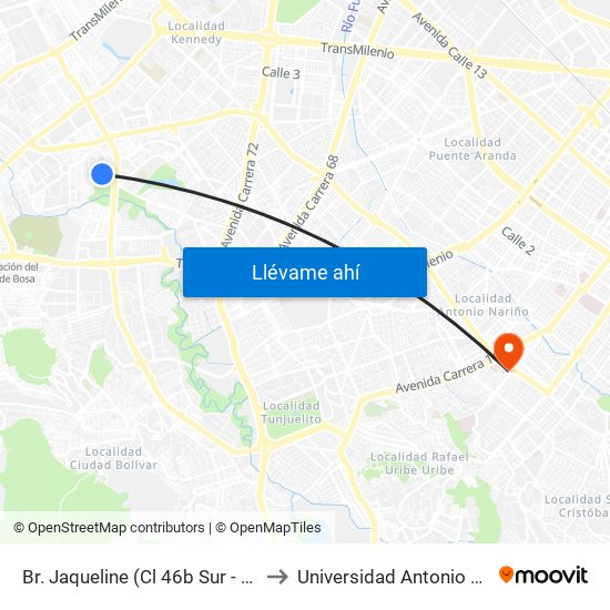 Br. Jaqueline (Cl 46b Sur - Kr 77v) to Universidad Antonio Nariño map