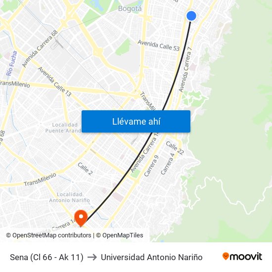 Sena (Cl 66 - Ak 11) to Universidad Antonio Nariño map