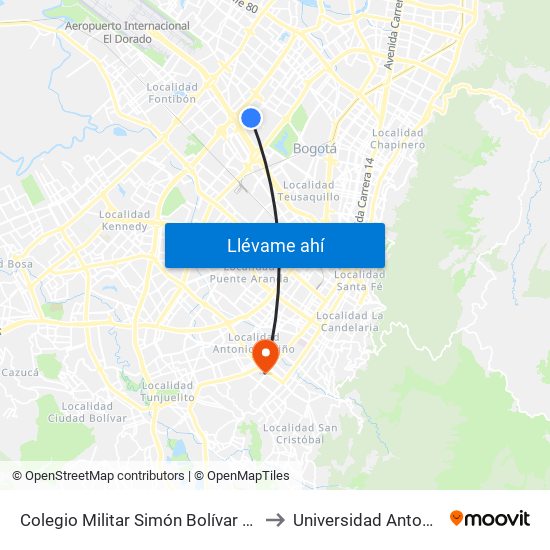 Colegio Militar Simón Bolívar (Ak 70 - Cl 51) to Universidad Antonio Nariño map