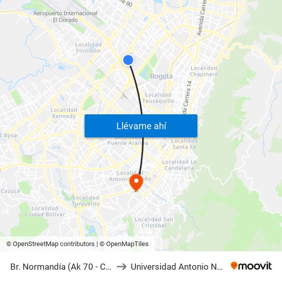 Br. Normandía (Ak 70 - Cl 51) to Universidad Antonio Nariño map
