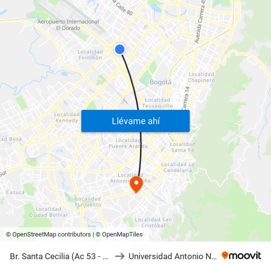 Br. Santa Cecilia (Ac 53 - Kr 78) to Universidad Antonio Nariño map