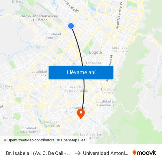 Br. Isabela I (Av. C. De Cali - Cl 64g Bis) to Universidad Antonio Nariño map