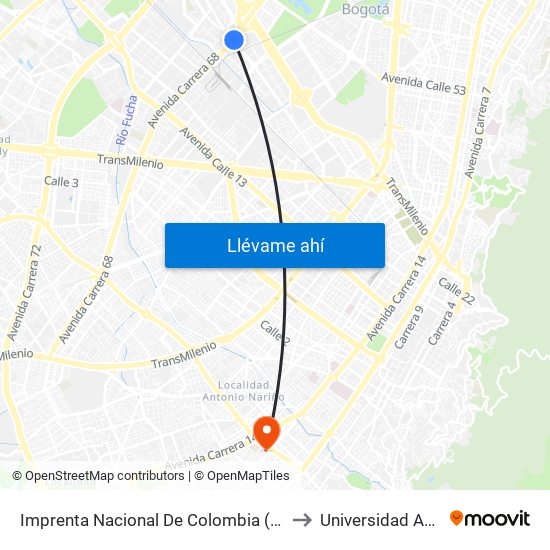 Imprenta Nacional De Colombia (Ak 68 - Av. Esperanza) (A) to Universidad Antonio Nariño map