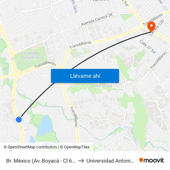 Br. México (Av. Boyacá - Cl 64 Sur) (A) to Universidad Antonio Nariño map