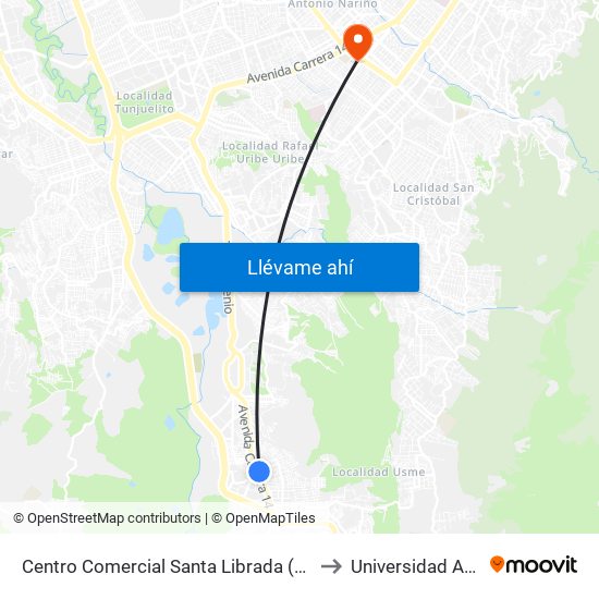 Centro Comercial Santa Librada (Av. Caracas - Cl 74c Sur) (A) to Universidad Antonio Nariño map