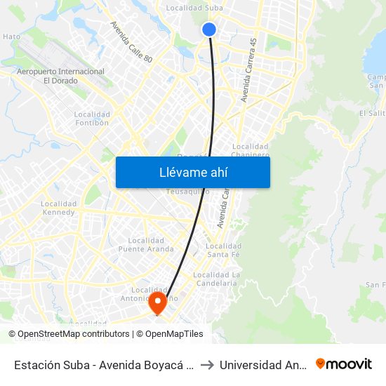 Estación Suba - Avenida Boyacá (Av. Boyacá - Cl 128b) to Universidad Antonio Nariño map