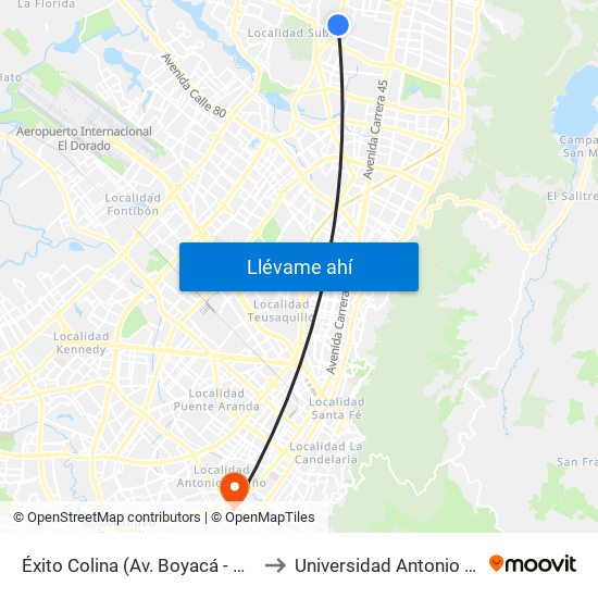 Éxito Colina (Av. Boyacá - Cl 146b) to Universidad Antonio Nariño map