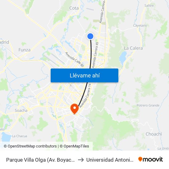 Parque Villa Olga (Av. Boyacá - Cl 167) to Universidad Antonio Nariño map