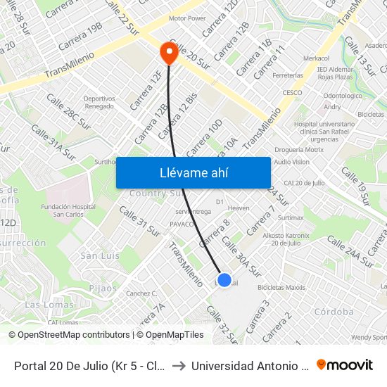 Portal 20 De Julio (Kr 5 - Cl 31 Sur) to Universidad Antonio Nariño map