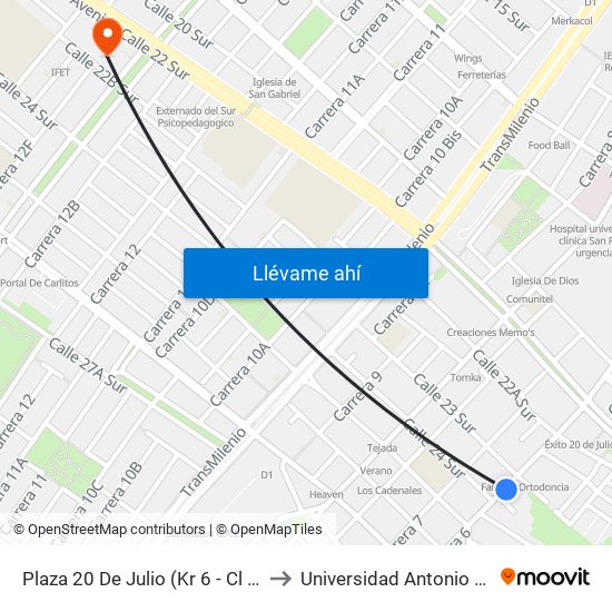 Plaza 20 De Julio (Kr 6 - Cl 24 Sur) to Universidad Antonio Nariño map