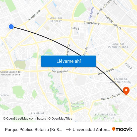 Parque Público Betania (Kr 87 - Cl 51b Sur) to Universidad Antonio Nariño map