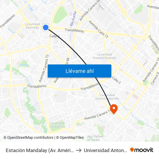 Estación Mandalay (Av. Américas - Kr 73c) to Universidad Antonio Nariño map