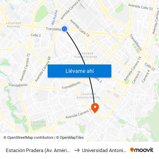Estación Pradera (Av. Américas - Kr 65) to Universidad Antonio Nariño map