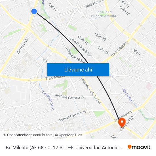 Br. Milenta (Ak 68 - Cl 17 Sur) (B) to Universidad Antonio Nariño map