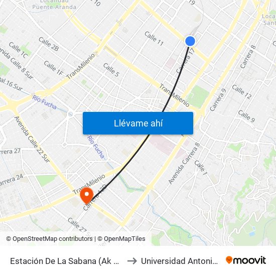 Estación De La Sabana (Ak 18 - Ac 13) to Universidad Antonio Nariño map