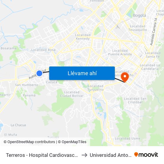 Terreros - Hospital Cardiovascular (Lado Norte) to Universidad Antonio Nariño map