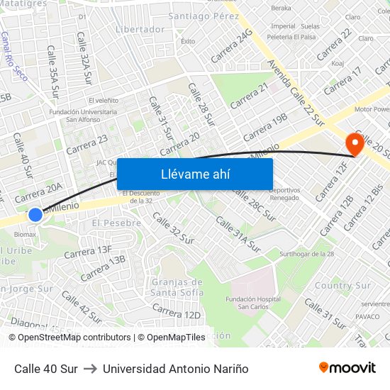 Calle 40 Sur to Universidad Antonio Nariño map