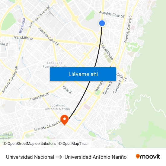 Universidad Nacional to Universidad Antonio Nariño map